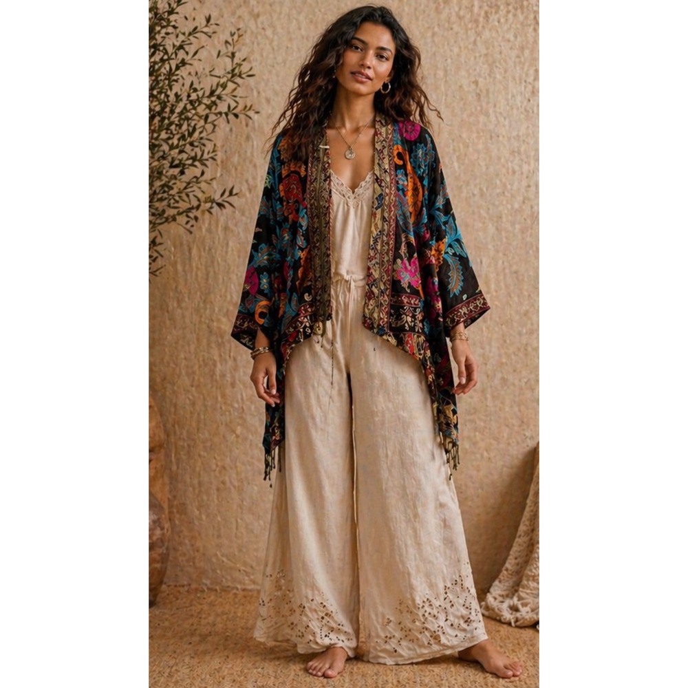Bok Boho Embroidered Kimono Cardigan Floral Open Front Fringe
Festival Artsy fun
